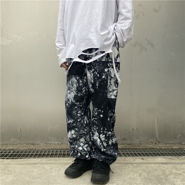 

галстук-краситель дым полный принт брюки-карго мужские сафари стиль уличная мода мульти-карман эластичный пояс брюки мужчины, Black