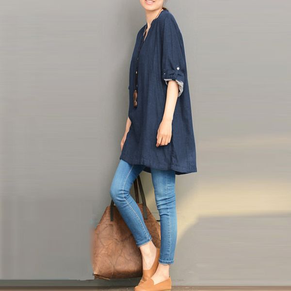 

autumn women buttons linen solid v neck blouse loose casual shirt blusas plus size denim blue baggy soft smooth, White
