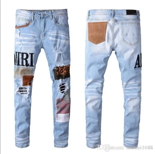 

19ss new classic slim mens holes jeans men clothing fit straight biker ripper zipper mens denim pants blue casual pants size 28-40