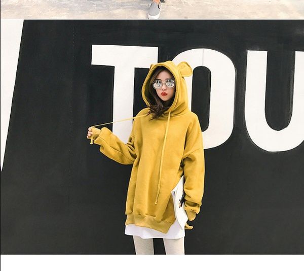 

свободный свободный пуловер с длинным рукавом женщины hoodie поддельные из двух частей top уши медведь толстовки женщины толстовки, Black