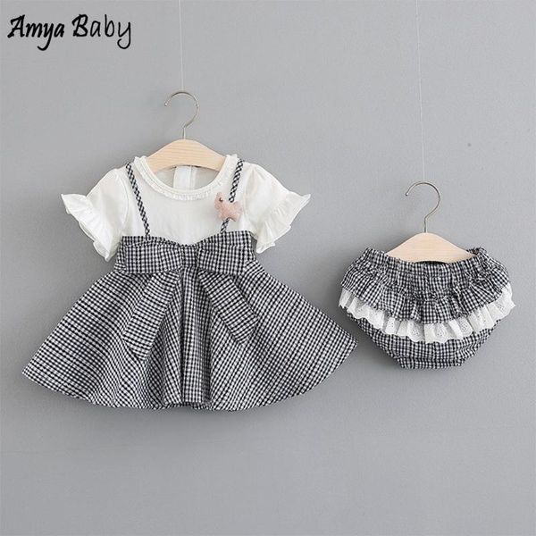 

amyababy baby girl summer 2020 clothing infant girl outfits plaid dress + shorts 2pcs newborn clothing baby sets, White