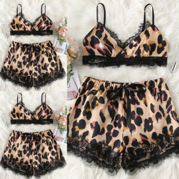 

2pcs new women ladies leopard print with panty lace shorts sleepwear nightdresspajamas summer set, Blue;gray