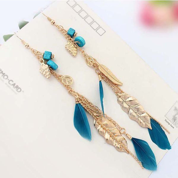 

корейская этнические серьги мода стиль листья кисточки пера длинных серег, Silver