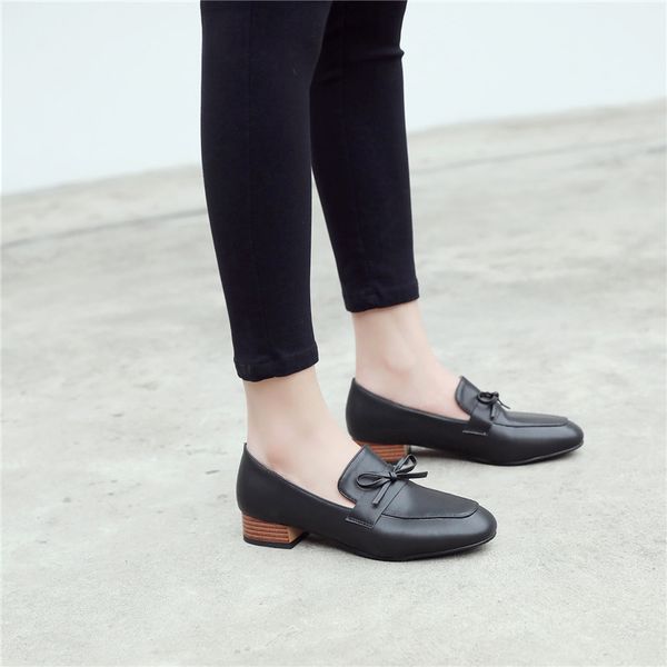 

ymechic 2019 concise bowtie chunky heels womens shoes spring slip on high heel pumps black square toe ladies shoes plus size