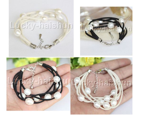 

7-9" 5strands 10x12mm rice white freshwater pearls black leather bracelet j12257