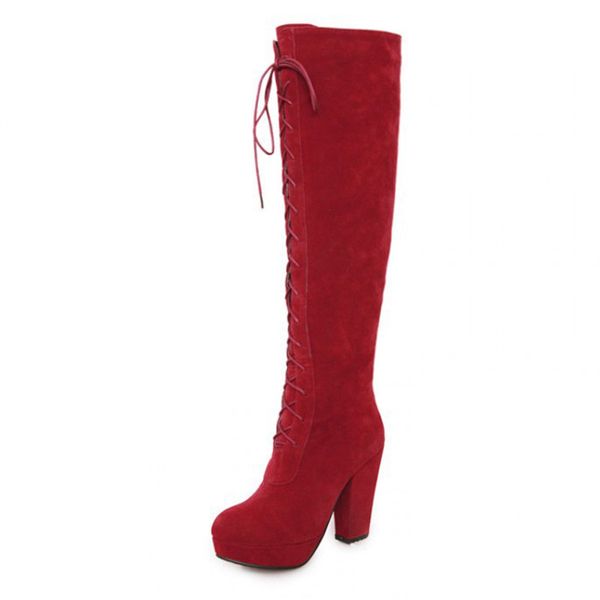 

women boot knee high front full lace up high heel faux suede quality new woman winter motorcycle boots shoes xkd2106, Black