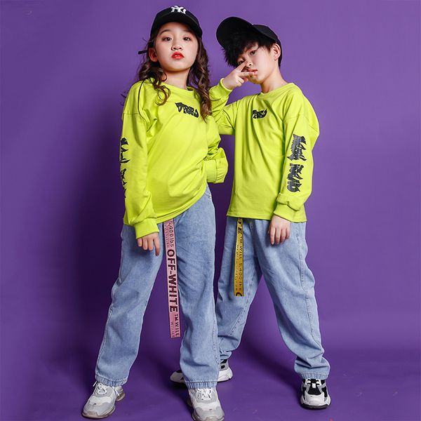 

children hip hop festival outfits green sweatshirt casual pants for girl boys jazz dance costume clothes wear kids rave clothes, Black;red