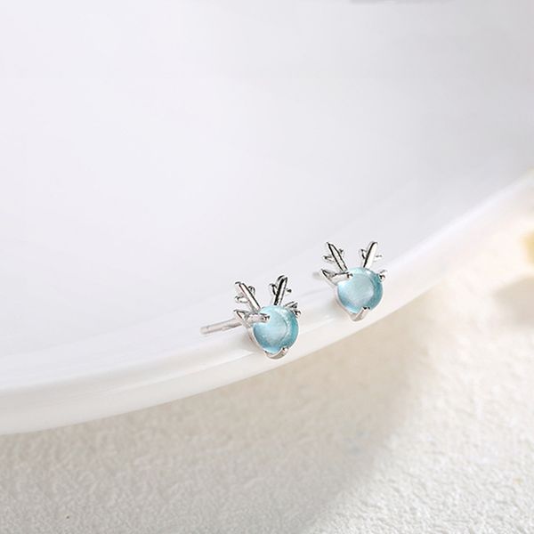

cute s925 sterling silver female earrings delicate tiny blue glass elk antler stud earrings for women jewelry girlfriend gifts, Golden;silver
