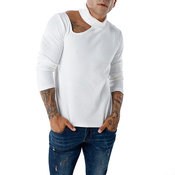 

мужские свитера 2019 new solid color водолазку и off-плечу сексуальная мужская пуловер свитер, White;black