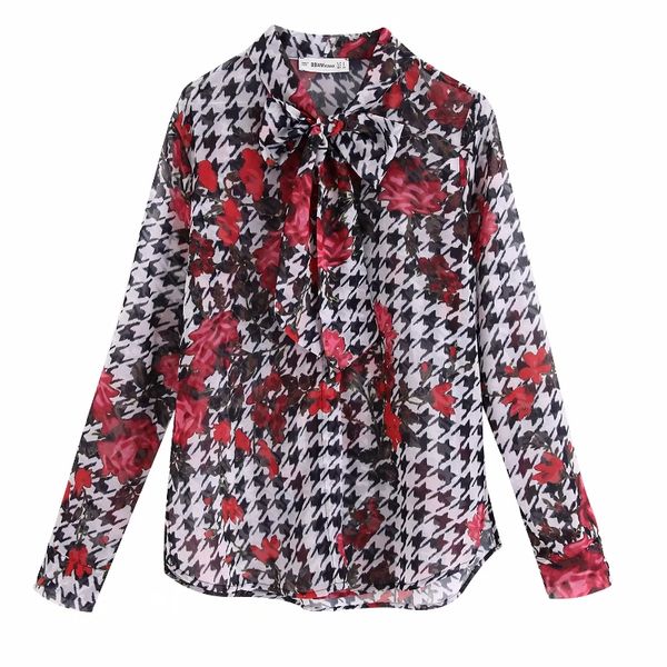 

women vintage flower print casual houndstooth kimono blouse shirt women long sleeve autumn blusas chic bow femininas ls4267, White