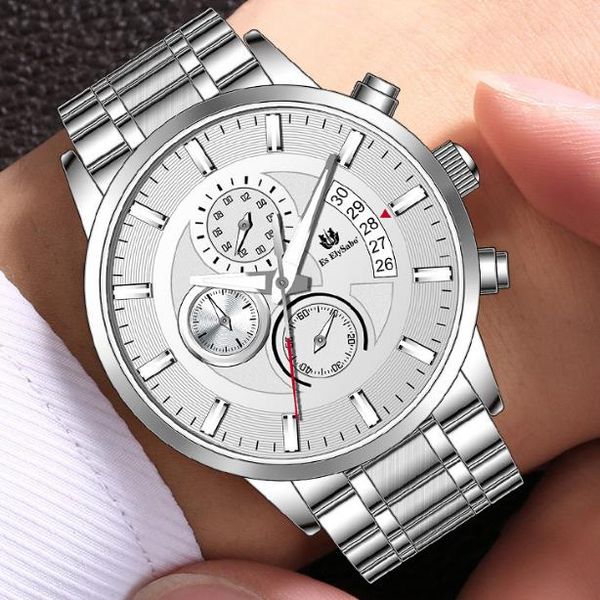 

individual fashion waterproof watch for men multi-functional watch luminous three-eye steel band quartz movement mineral glass mirror, Slivery;brown