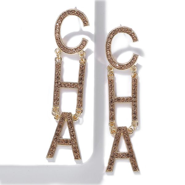 

fashion luxury designer glittering exaggerated golden rhinestone crystal Letter CHA long drop dangle chandelier stud earrings for women