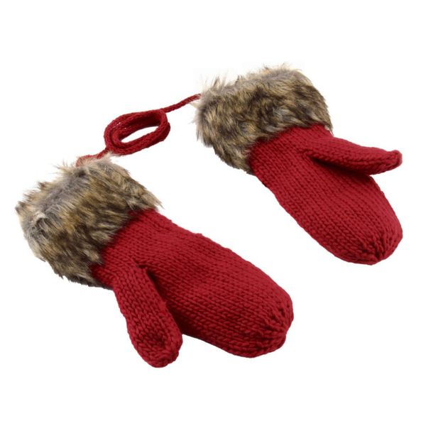 

winter warm mittens thick knitted weave woolen fur halter strap gloves girl, Black