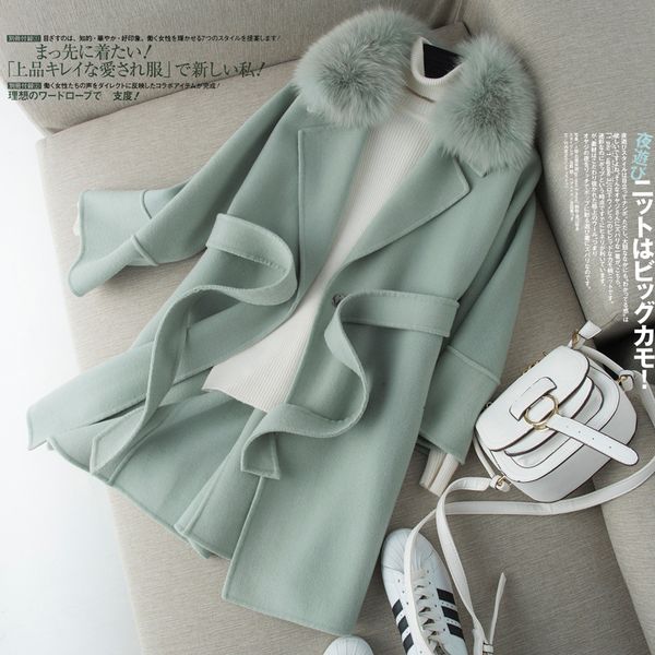

2020 100% wool coat female double-sided wool jacket fur collar spring autumn korean long coat women overcoat 2021 kj4049, Black