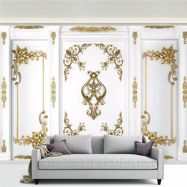 

european style mural white wallpaper 3d stereo golden carve patterns wall painting living room tv sofa luxury home decor fresco