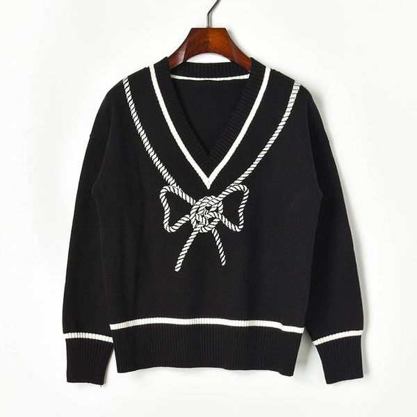 

women's sweater 2019 autumn new black and white contrast color rope bow v-neck long-sleeved knit sweater pullover, White;black