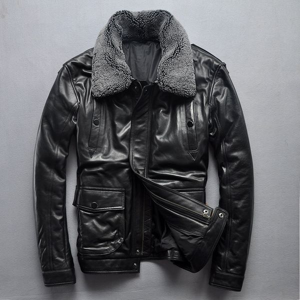 

2019 men's genuine leather pilot jacket autumn winter collar detachable wool collar real sheepskin brand warm jacket, Black