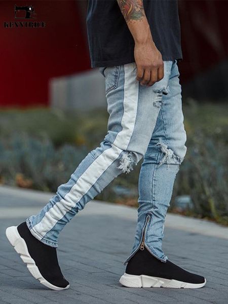 

kenntrice new fashion hip hop ripped men jeans personality simple hole zipper blue and black streetwear male denim pants