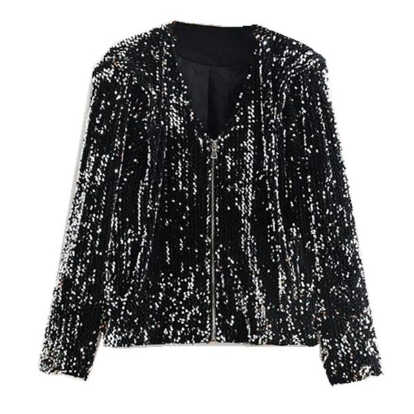 

zjoan show 2019 новый harajuku яркий bling блестки куртка женщин старинные v шеи летучая мышь с длинным рукавом молнии пальто верхняя одежда, Black;brown