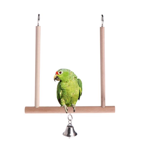 

birds perch parrot play toys stand holder natural wooden swing bell cage hanging