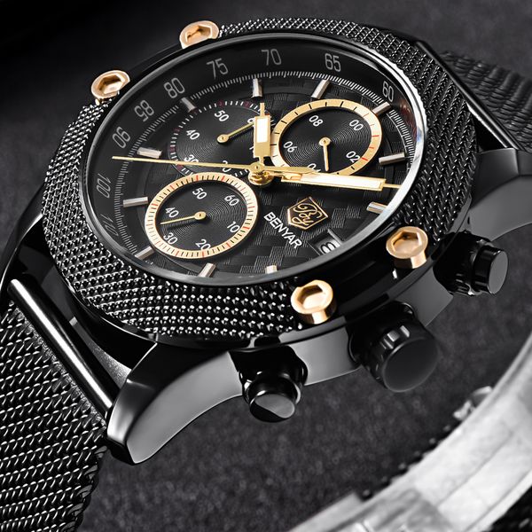 

benyar sport chronograph fashion watches men mesh and rubber band waterproof quartz watch gold saat direct delivery, Slivery;brown