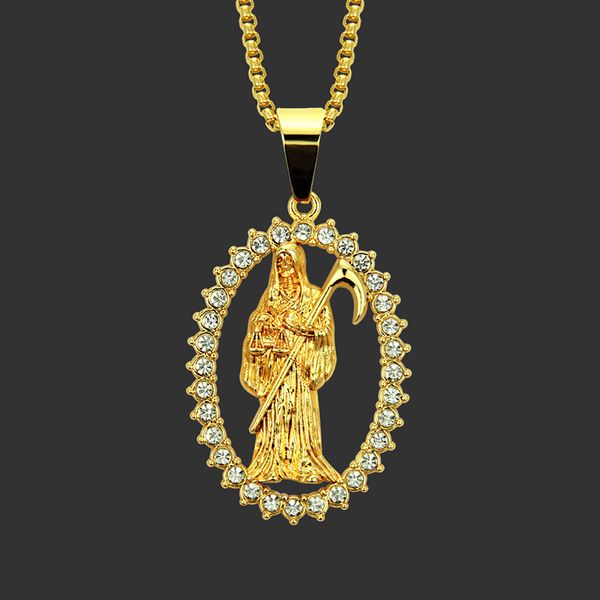 

new design personalized grim reaper pendant necklaces 2019 fashion rhinestone long chain gold necklace women men hip hop jewelry, Silver