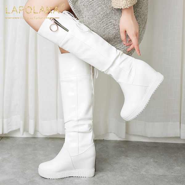 

lapolaka new fashion 2020 dropship mid calf boots women shoes increasing heels platform zipper black white shoes woman boots
