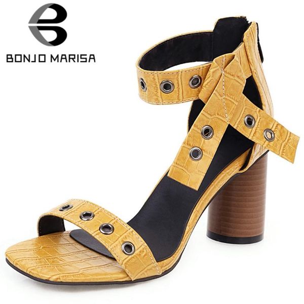

bonjomarisa fashion cool girl sandals square toe metal round heel ankle strap sandals women handmade summer shoes woman, Black