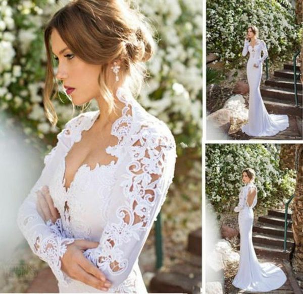 

mermaid long sleeves wedding dresses full lace appliqued sweep train wedding dress bridal gowns plus size, White