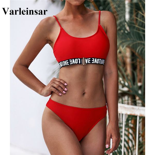 

new 2020 letters mid waist bikini female swimsuit women swimwear two-pieces bikini set bather bathing suit swim lady v1995, White;black