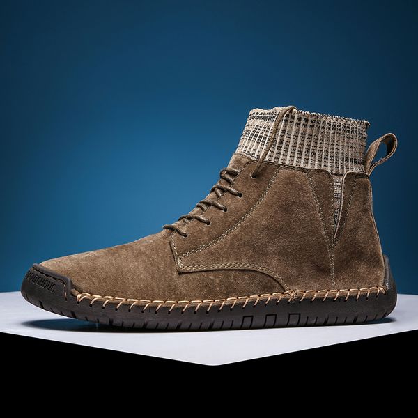 

spring men boots high-casual shoes outdoor leather sneakers motorcycle boots lace-up street shoes non-slip plush size 39-48, Black