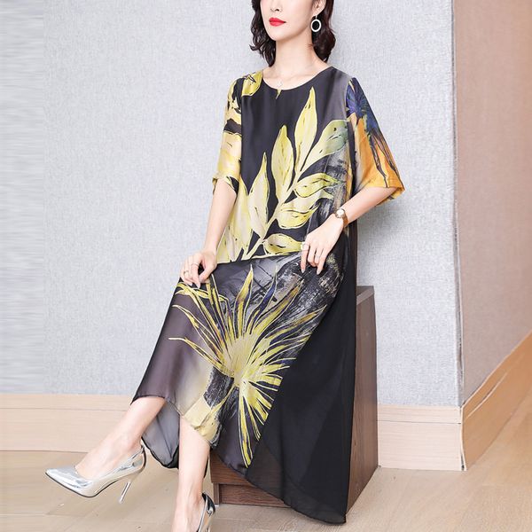 

pattern big botanical leaves printed robe women dresses vintage style spring summer elegant slik dress plus size, Black;gray