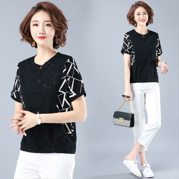 

2020 comfortable middle-aged glittering loose short sleeve black summer 2020 comfortable middle-aged women's glittering t-shirt loos, White