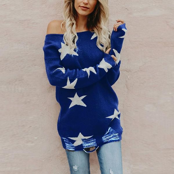 

women autumn winter long pullovers blue star sweater lady off shoulder knitted casual knit jumper bodycon jersey, White;black