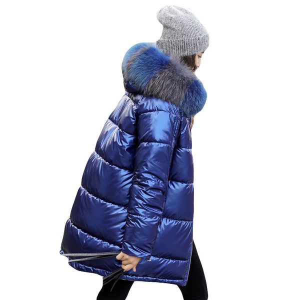 

rlyaeiz women winter coat 2019 fashion glossy colorful fur collar hooded jackets women parka thickening warm mid-long overcoat, Black