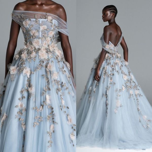 

paolo sebastian beaded backless prom dresses off the shoulder neck appliqued evening gowns plus size light sky blue tulle formal dress, Black