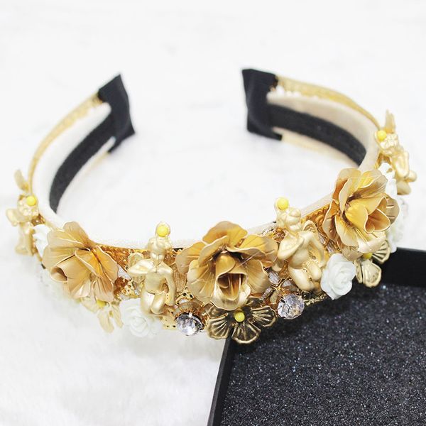 

fashion occident baroque yellow angel white ceramic flowers hair hoop metal crown tiaras wedding hair accessories jewelry gift, Golden;white