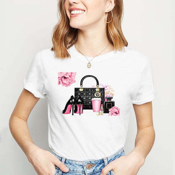 

female t-shirt lipstick printed fashion women's t-shirts 2020 summer short sleeve girl flower fashion lady tshirts, White