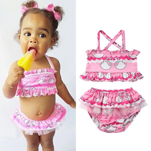 

newborn kid baby girl swan print pink swimsuits ruched cute sweet tankini swimwear swimsuit bikini set bathing suit beachwears