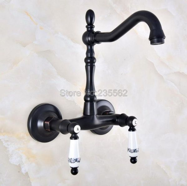 

kitchen swivel 360 spout wall mounted oil rubbed black bronze bathroom basin sink vessel bathtub tap mixer faucet lnf832