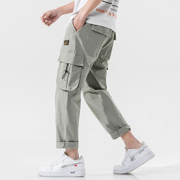 

legible 2020 cargo pants men multi-pocket mens pants elastic waist harem pant hip hop casual loose ankle-length pants, Black
