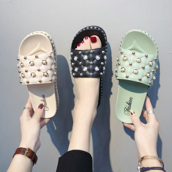 

summer square pearl тапочки женщины slide sandals mom бич слайды скольжению на сандалии женская обувь шлепанцы удобная y200106, Black