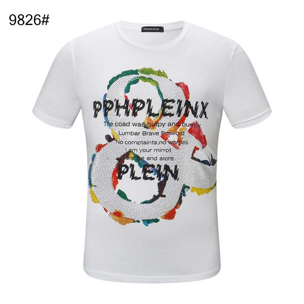 

2019 men fashion luxury short sleeve casual hipster flower skull printed phillip plain brand t-shirt, White;black