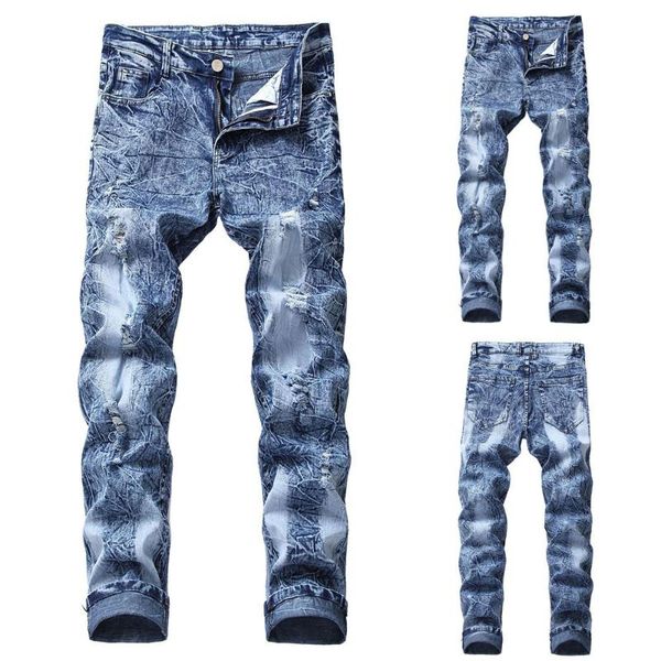 

мужские осенние прямые рваные джинсовые отверстие брюки брюки джинсы мужчины узкие джинсы мужчины вакерос хомбре, Blue