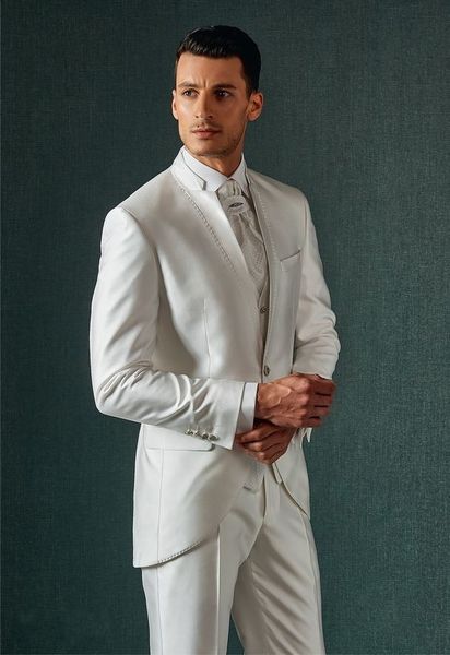 Moda Tırmanmak Şampanya Damat Smokin Mandarin Yaka Groomsmen Gelinlik Mükemmel Adam Ceket Blazer 3 Adet Suit (Ceket + Pantolon + Yelek + Kravat)