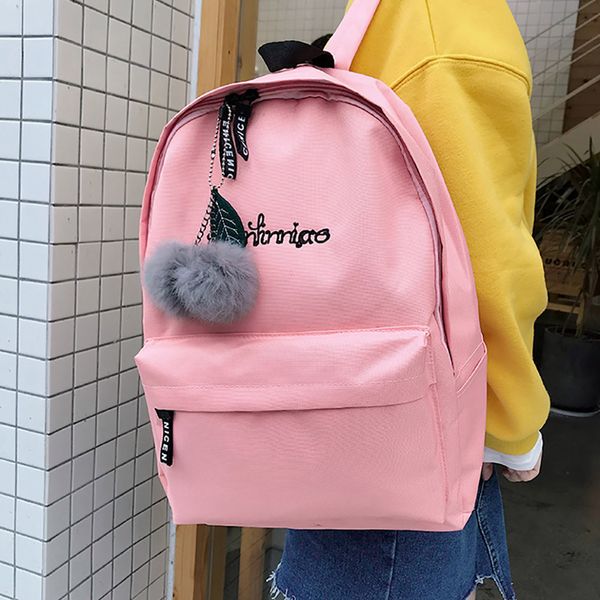 

fashion new women canvas backpack teenager cute hairball ribbon students school bag girls large capacity shoulder travel bag ds#
