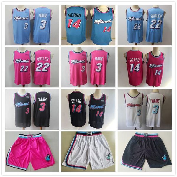 

mens miami heat throwback jerseys dwyane 3 wade tyler 14 herro jimmy 22 butler basketball shorts basketball jerseys pink black, Black;red