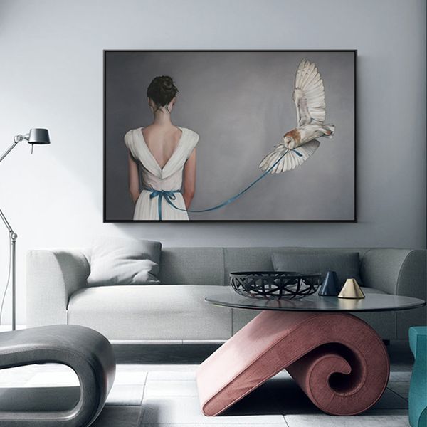 

modern woman in white dress canvas painting posters print unique minimalist decor wall art pictures for living room bedroom cafe