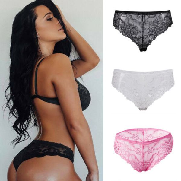 

2019 new lace briefs womens girls hollow high waist lace underwear briefs panties g-string lingerie thongs black white pink, Black;pink
