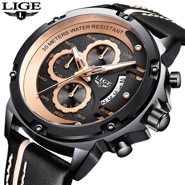 

2019 mens watches lige men's sports watch men casual leather waterproof quartz watch relogio masculino, Slivery;brown
